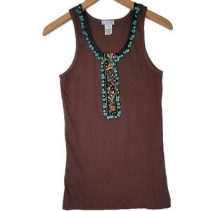 VINTAGE TASHA POLIZZI SADDLEBLANKET CO BROWN EMBROIDERED TANK TOP BOHO MEDIUM